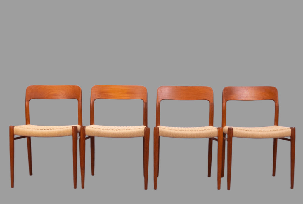 Vintage set of 4 chairs model 75 chair teak Niels O. Møller for JL Moller 1950s 