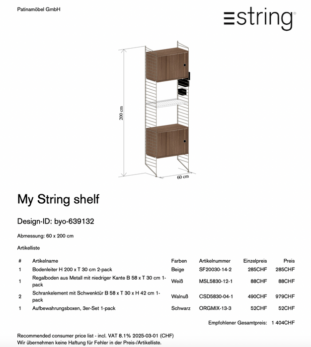 String Furniture Wandregal Nussbaum beige Ausstellungsmodell