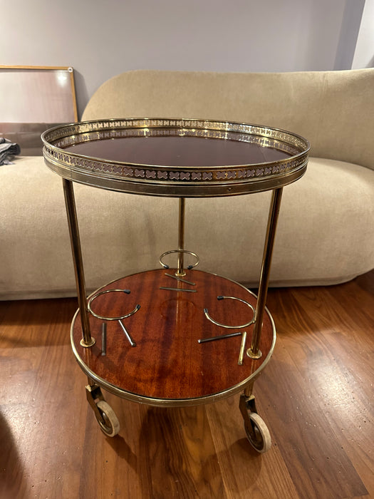 Vintage bar cart round mahogany brass Italy 60s