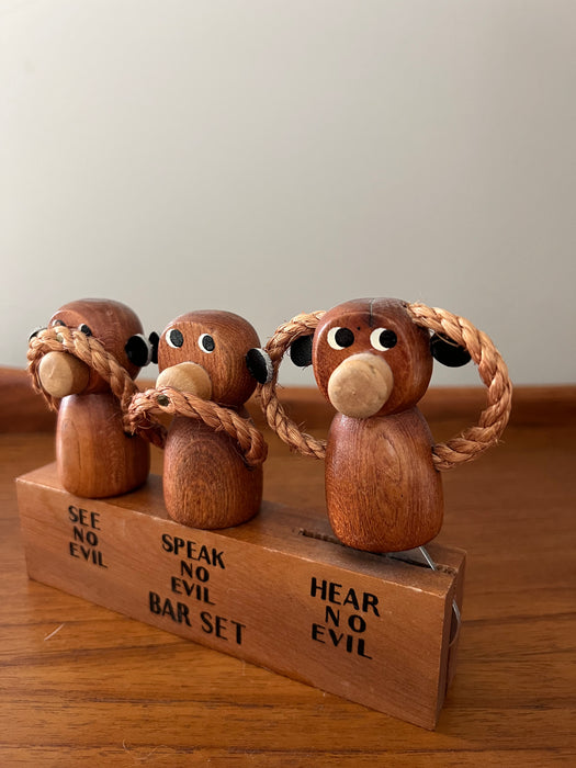 Vintage Affen aus Teakholz 3-er Flaschenset Barset 60er Jahre