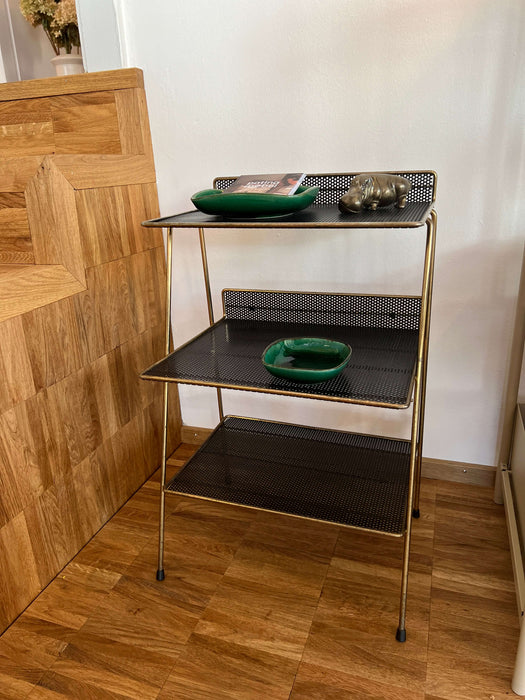 Vintage magazine holder newspaper stand with shelf, brass 60s