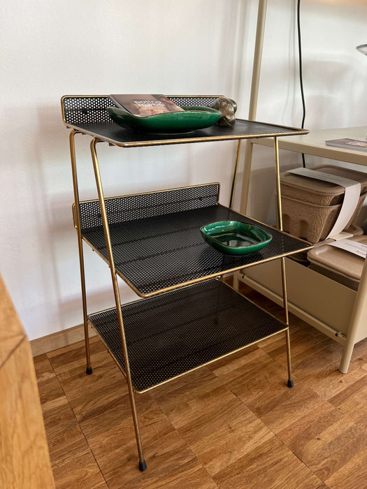 Vintage magazine holder newspaper stand with shelf, brass 60s