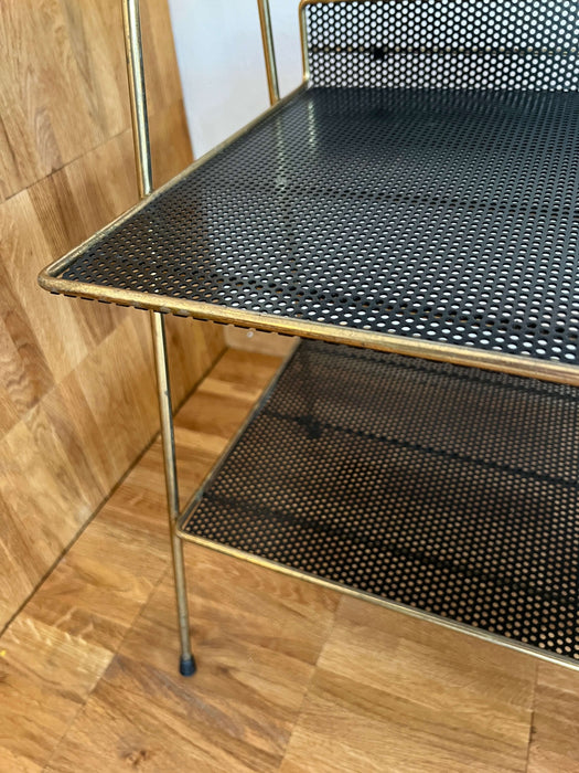 Vintage magazine holder newspaper stand with shelf, brass 60s