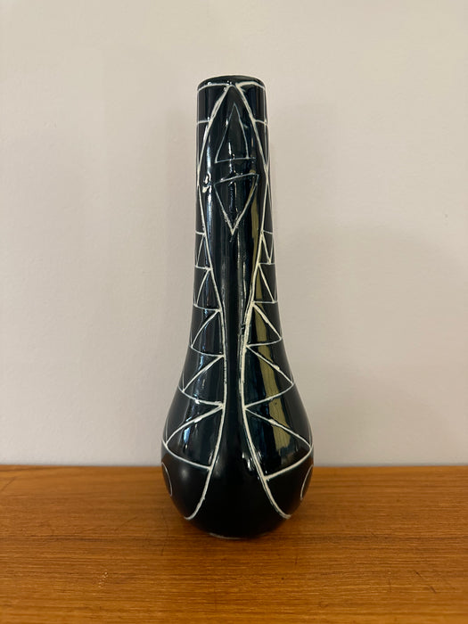 Vintage ceramic vase dark blue with patterns