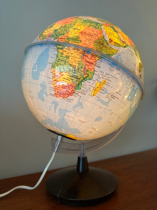 Vintage illuminated globe, globe with wooden base