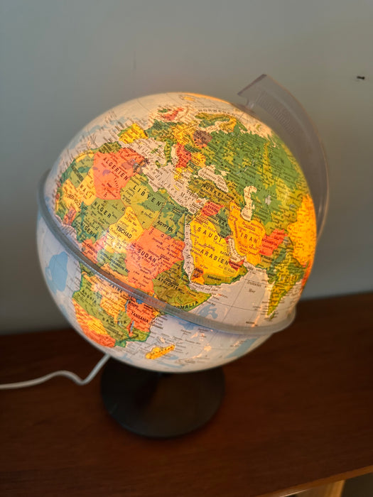 Vintage illuminated globe, globe with wooden base