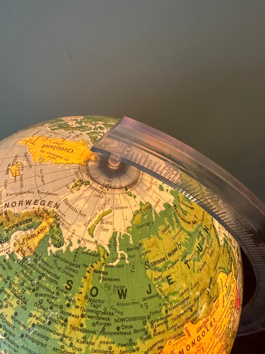 Vintage illuminated globe, globe with wooden base