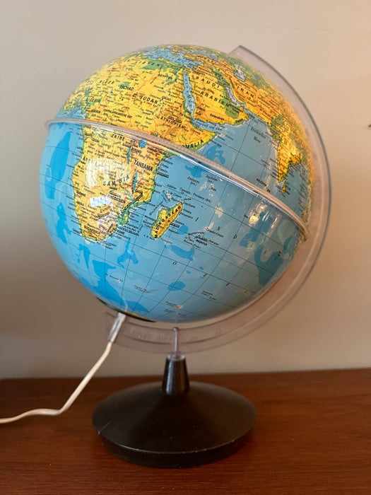 Vintage illuminated globe, globe with wooden base