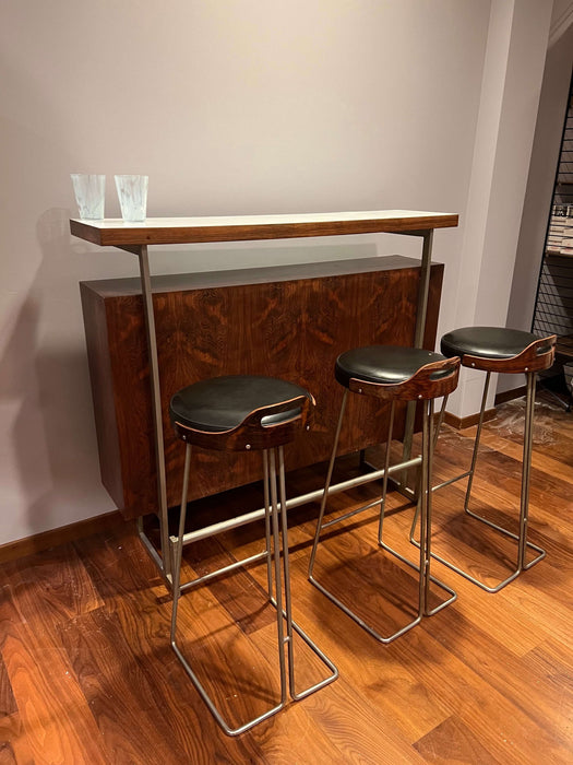 Vintage bar counter and 3 matching bar stools rosewood 70s