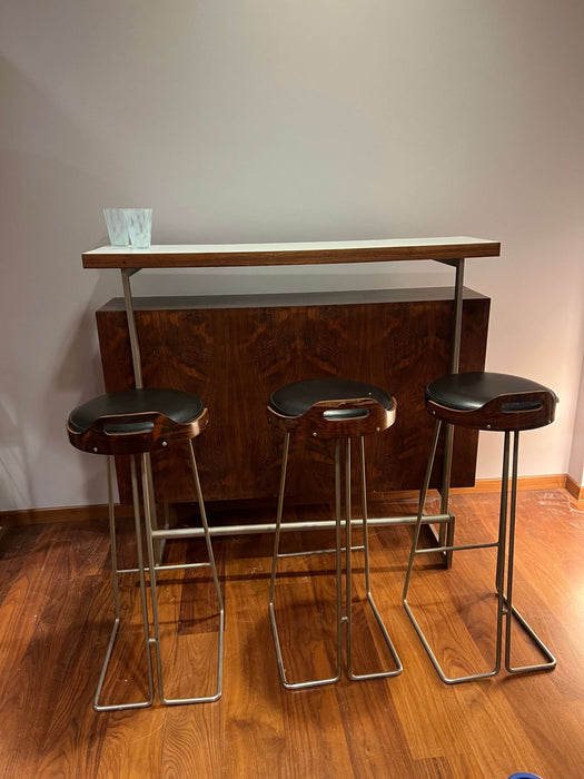 Vintage bar counter and 3 matching bar stools rosewood 70s