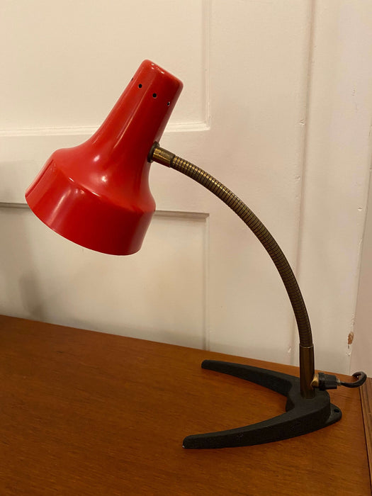 Vintage TISCHLEUCHTE LAMPE ROT SCHWANENHALS ROT MESSING