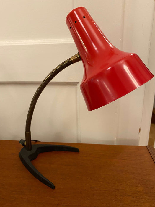 Vintage TISCHLEUCHTE LAMPE ROT SCHWANENHALS ROT MESSING